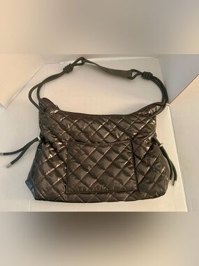 Haute Shore Stacey Convertible Quilted Shoulder Bag Pewter Metallic Glossy Roomy